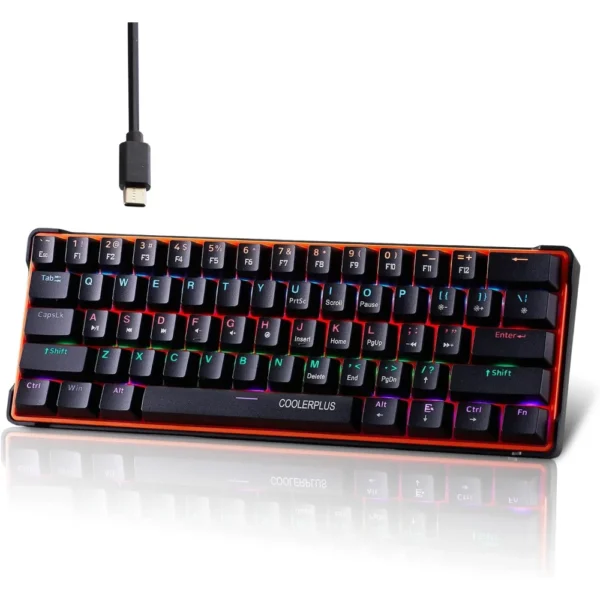 COOLERPLUS CP-K55 Compact RGB Wired Mechanical Keyboard, 60% Layout, 61 Keys Anti-ghosting, Double Shot Keycaps with LED Backlit, Detachable USB-C Cable, Plug and Play – Outemo Red Switches – Black